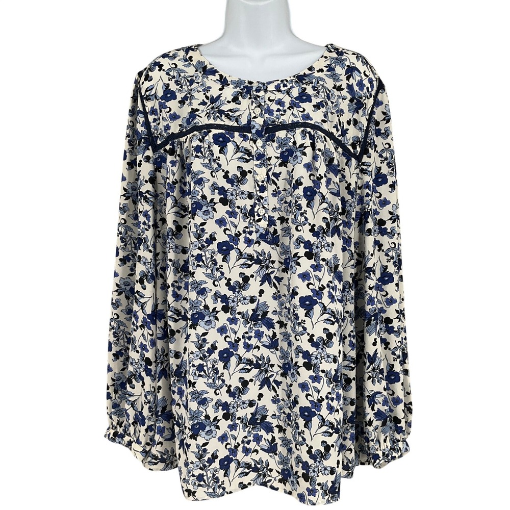 Talbots Blouse Womens 3X Blue Floral Button Front Lace Trim Boho Cottagecore